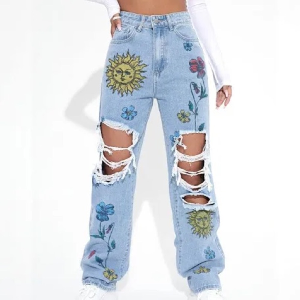 SHEIN ICON Floral High Waist Straight Leg Jeans